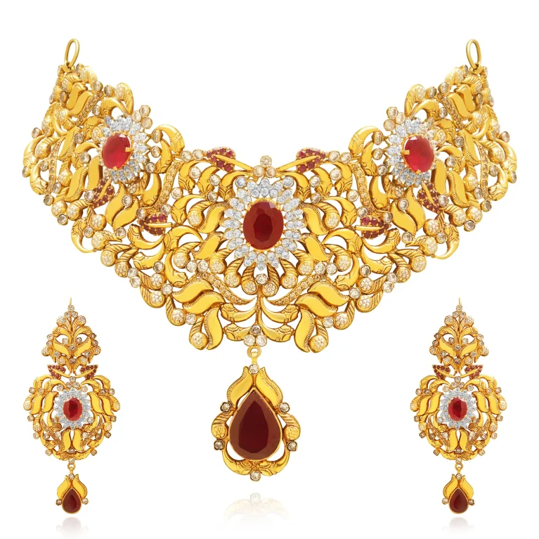 Shop The Elaris Ruby Set crafted in premium gold. Elegant design, rich ruby stones, perfect for weddings and special occasions. Order now.
